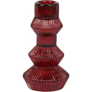 Burgundy Red Glass Candlestick Holder | Ribbed 3 Tier Taper Candle Stand